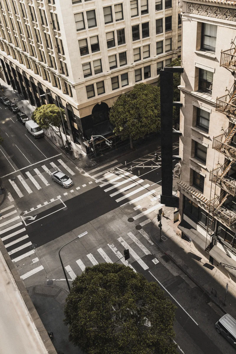 An elevated view of city streets and buildings
