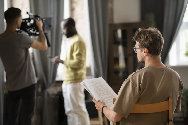 A camera operator and interviewer preparing an indoor interview