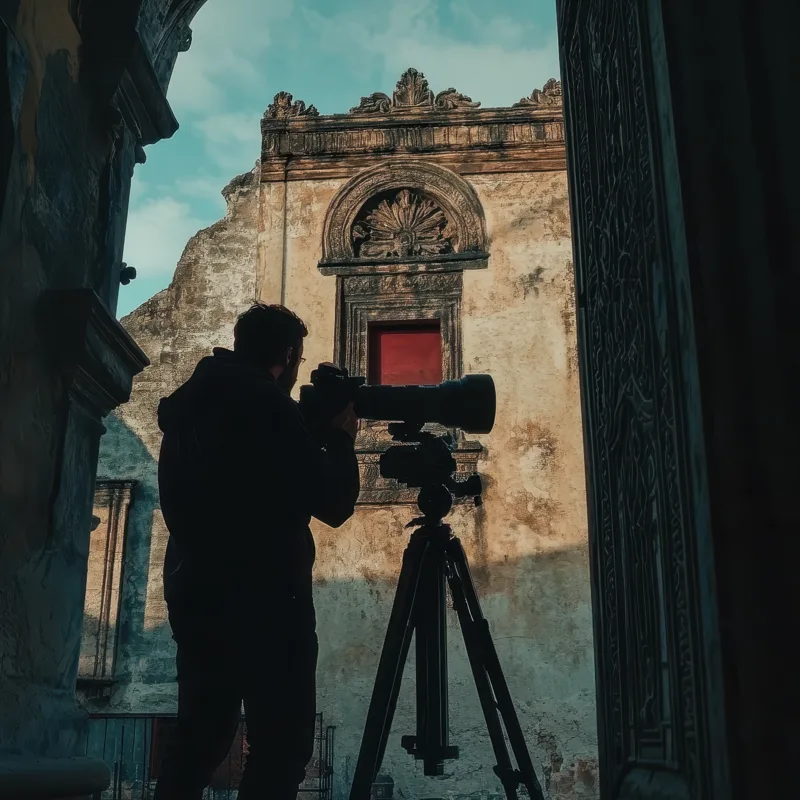 A camera operator filming beside a historic building